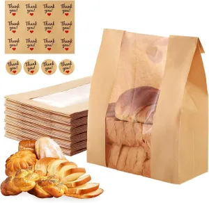 120 Pcs Bread Bags for Homemade Bread with Window 14" x 8.3" x 3.5", Snack Storage, gifting, with Label Sealing Sticker without Tin Tie Tab Lock