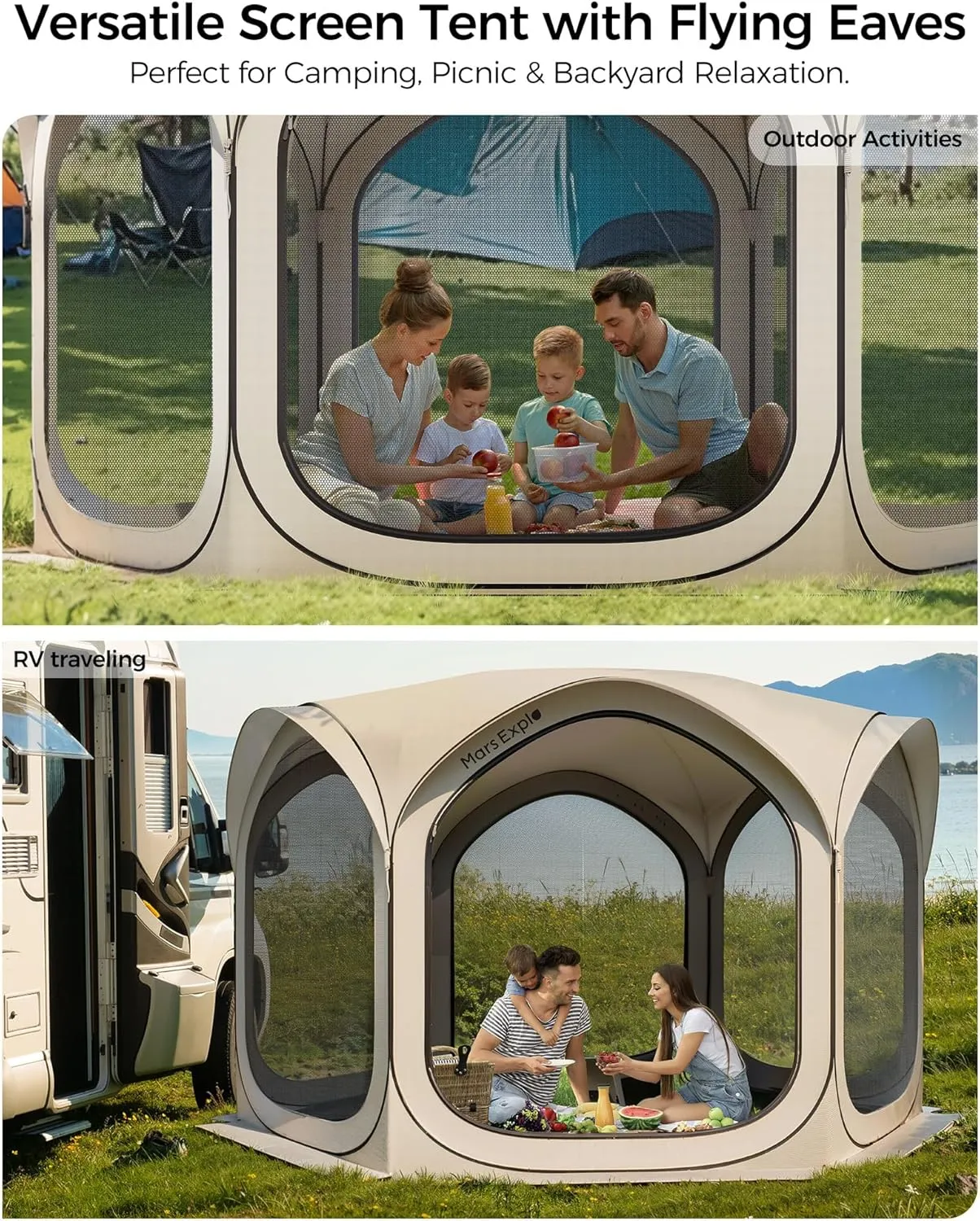 12x12 FT Pop-Up Screen Tent, Portable Screen Room Canopy with Zipper Doors for Patio, Backyard, Deck & Outdoor Activities, Beige