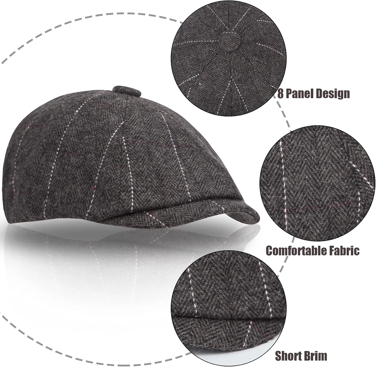 2 Pack Newsboy Cap for Men, Irish Newsies Hat Classic 8 Panel Wool Blend for Old Man Cabbie Driving