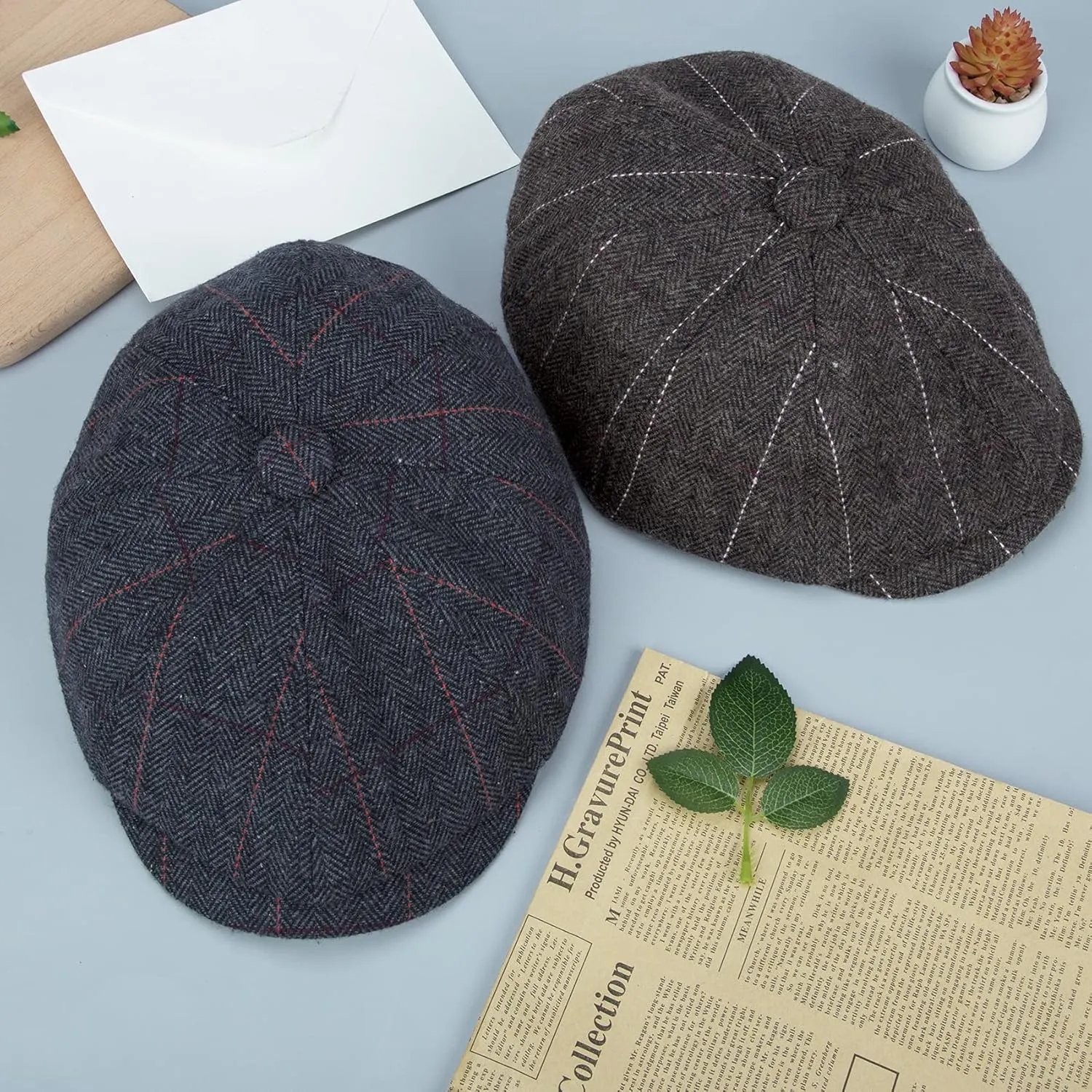 2 Pack Newsboy Cap for Men, Irish Newsies Hat Classic 8 Panel Wool Blend for Old Man Cabbie Driving