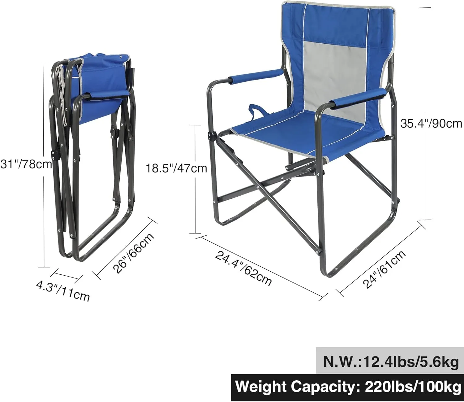 2 Pack Steel Folding Director Chairs for Adults, Portable Lightweight Camping Chair Heavy Duty Outdoor Indoor for Patio Lawn Travel Sports Fishing, Blue