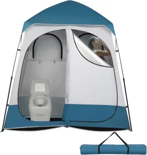 2 Room Pop Up Privacy Shower Tent 7.5 FT Changing Room Tent with Floor and Carry Bag, Sun Shade Canopy Outdoor Rain Shelter for Portable Toilet, Camping, Dressing, Hiking, Beach (Blue and White)