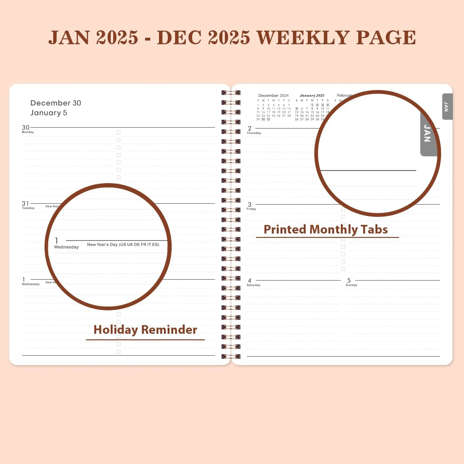 2025 Planner - 2025 Calendar Planner from Jan. 2025 - Dec. 2025, 8" x 10" Planner 2025, Planner 2025 with Twin-Wire Binding, Round Corner - Rose Gold