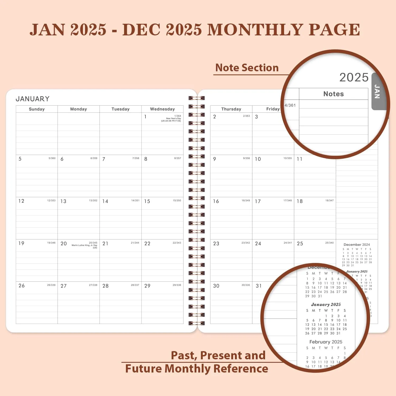 2025 Planner - 2025 Calendar Planner from Jan. 2025 - Dec. 2025, 8" x 10" Planner 2025, Planner 2025 with Twin-Wire Binding, Round Corner - Rose Gold