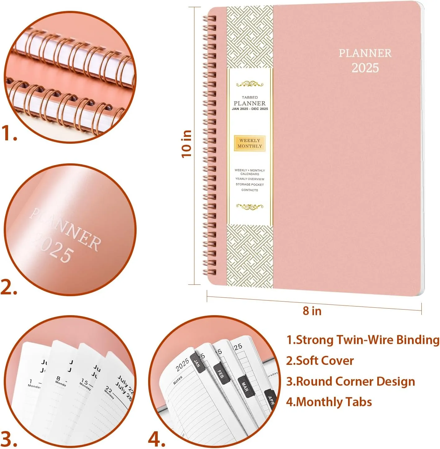 2025 Planner - 2025 Calendar Planner from Jan. 2025 - Dec. 2025, 8" x 10" Planner 2025, Planner 2025 with Twin-Wire Binding, Round Corner - Rose Gold