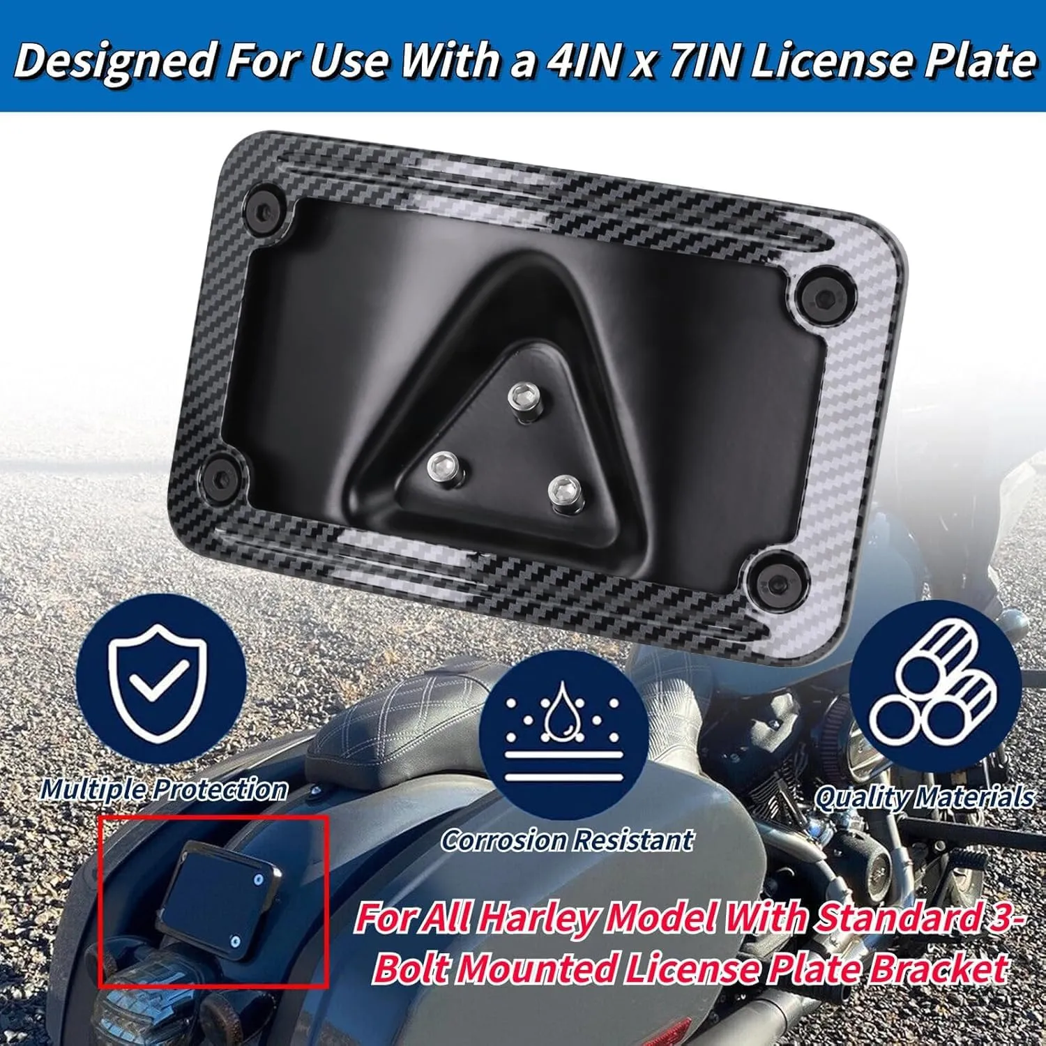 3149 Upgrade Curved Laydown License Plate Mount with Frame Compatible with Harley Davidson 3 Hole Mount (Carbon Fiber)