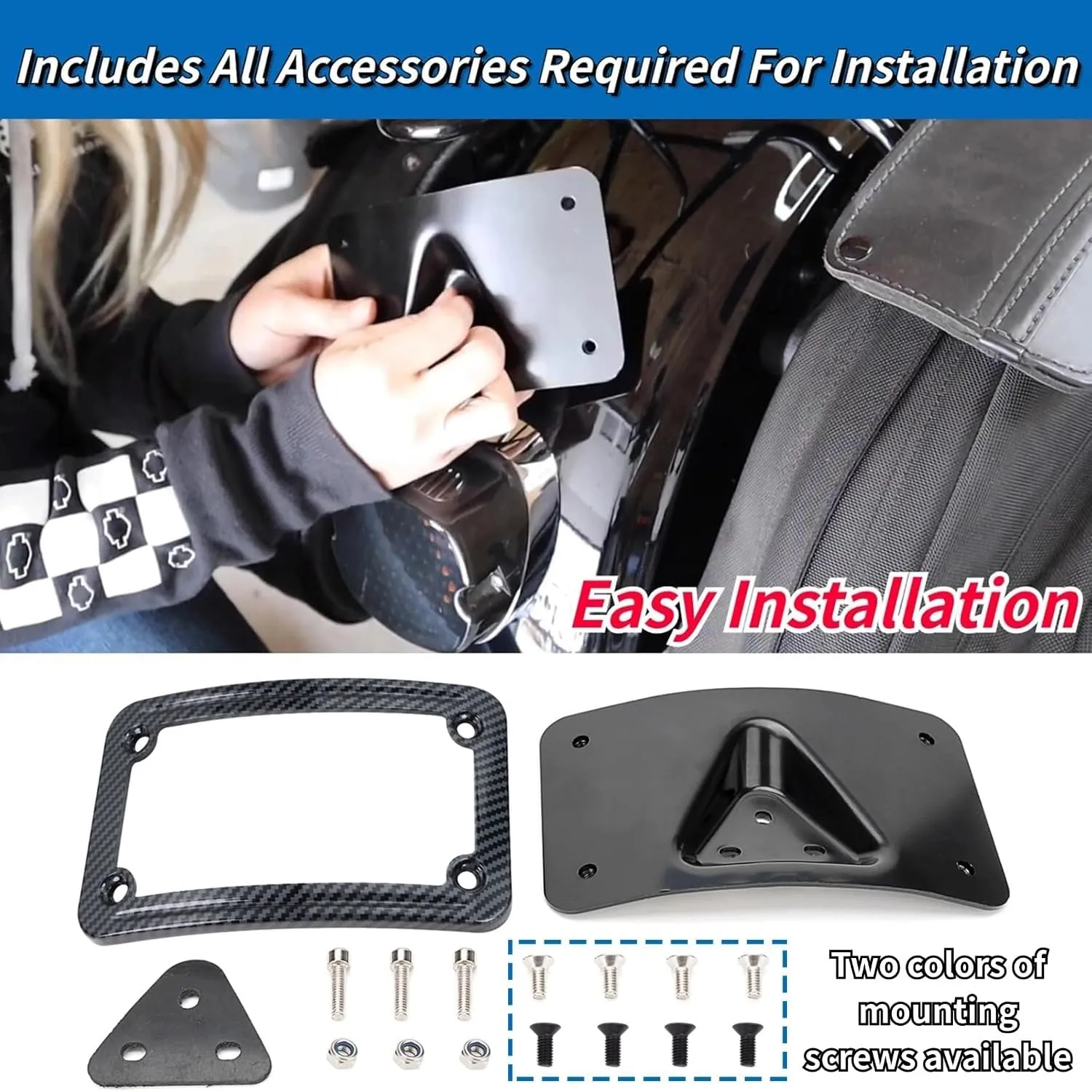 3149 Upgrade Curved Laydown License Plate Mount with Frame Compatible with Harley Davidson 3 Hole Mount (Carbon Fiber)