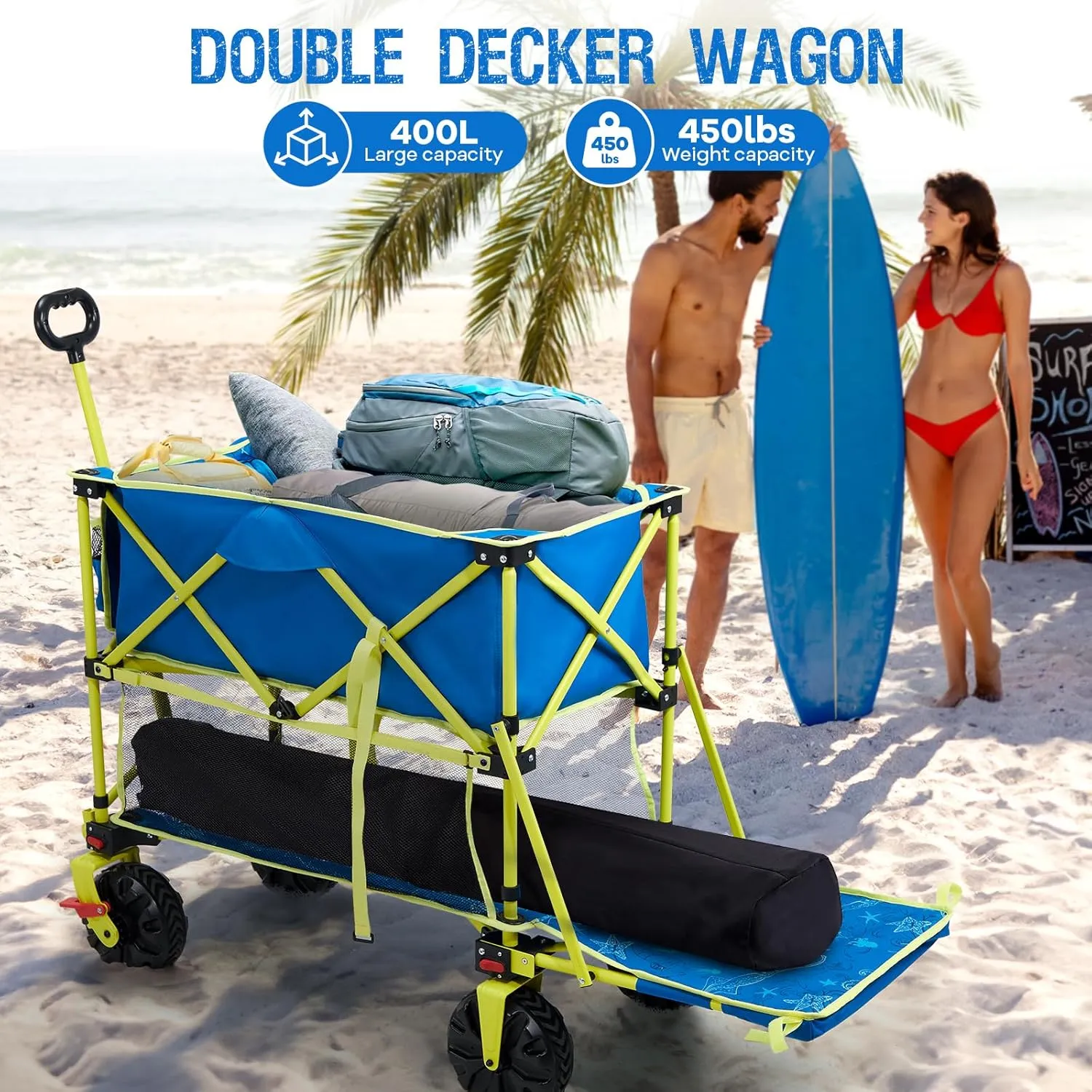 400L Collapsible Double Decker Beach Wagon with Brakes, Folding Beach Cart with 54" Extra Long Decker, 450LBS Heavy Duty Wagon Chart with All-Terrain Big Wheels for Sand Camping Garden