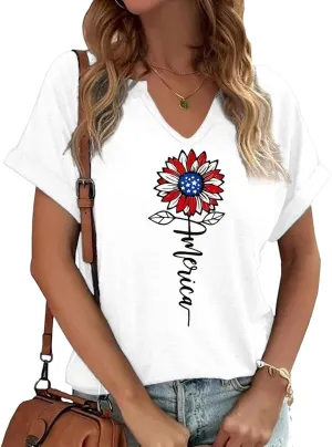 4th of July V Neck Patriotic T-Shirts Women American Flag Print Faith Family Freedom Letter Casual Short Sleeve Tee Tops