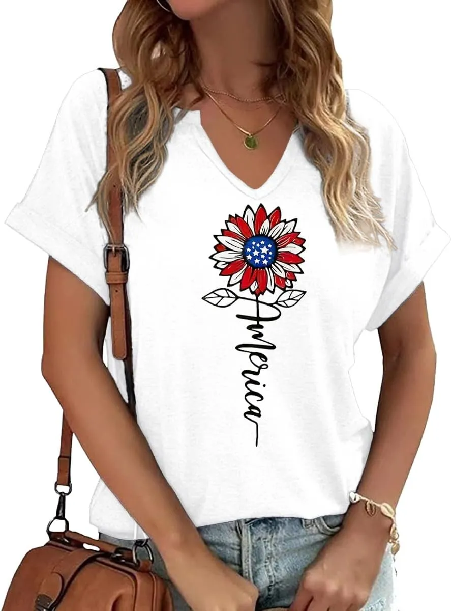 4th of July V Neck Patriotic T-Shirts Women American Flag Print Faith Family Freedom Letter Casual Short Sleeve Tee Tops