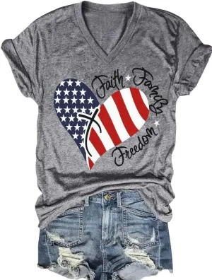 4th of July V Neck Patriotic T-Shirts Women American Flag Print Faith Family Freedom Letter Casual Short Sleeve Tee Tops