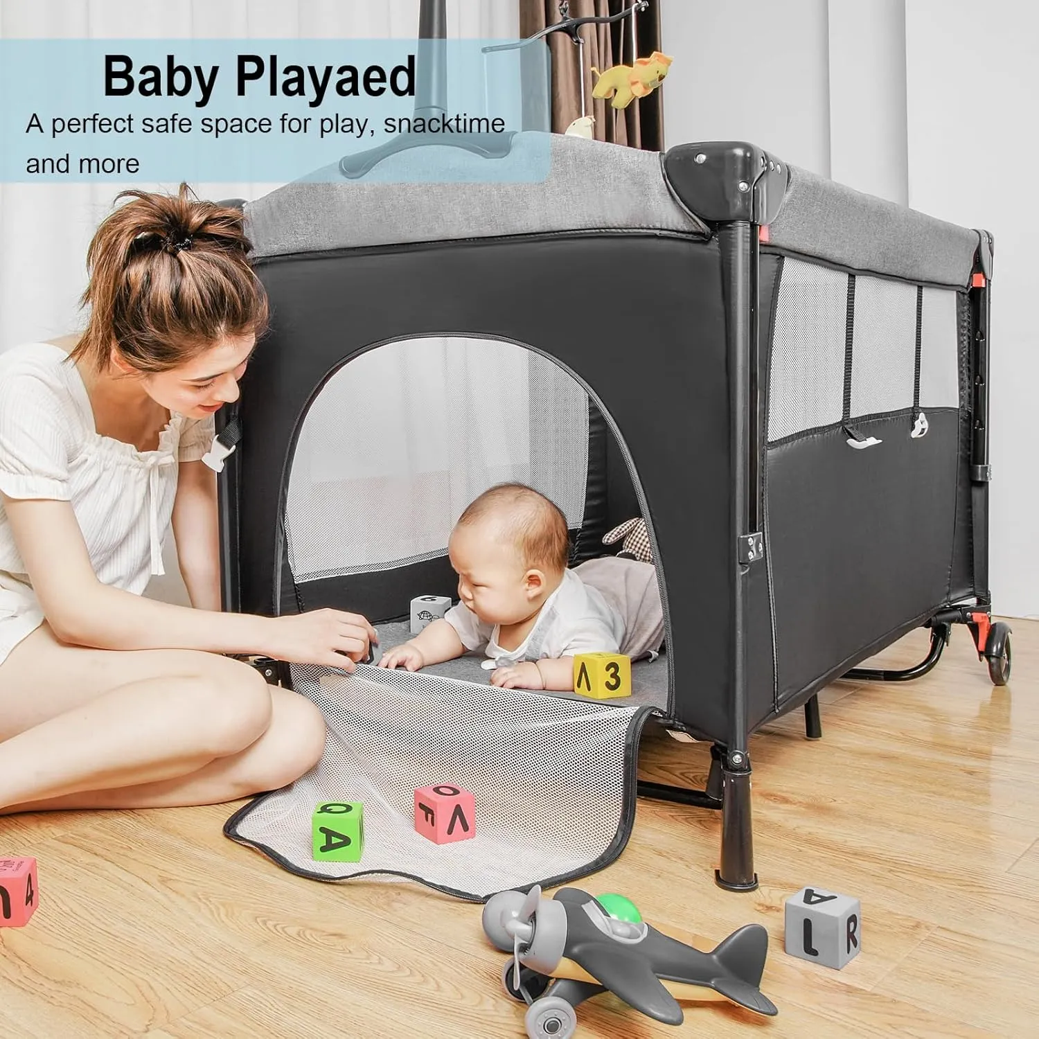 5-in-1 Pack and Play, Baby Bassinet Bedside Sleeper with U-Shaped Diaper Changer, Portable Toddler Playard for Newborn Toddlers, Baby Crib with 4 Adjustable Height, Carry Bag,Easy to Install (Black)