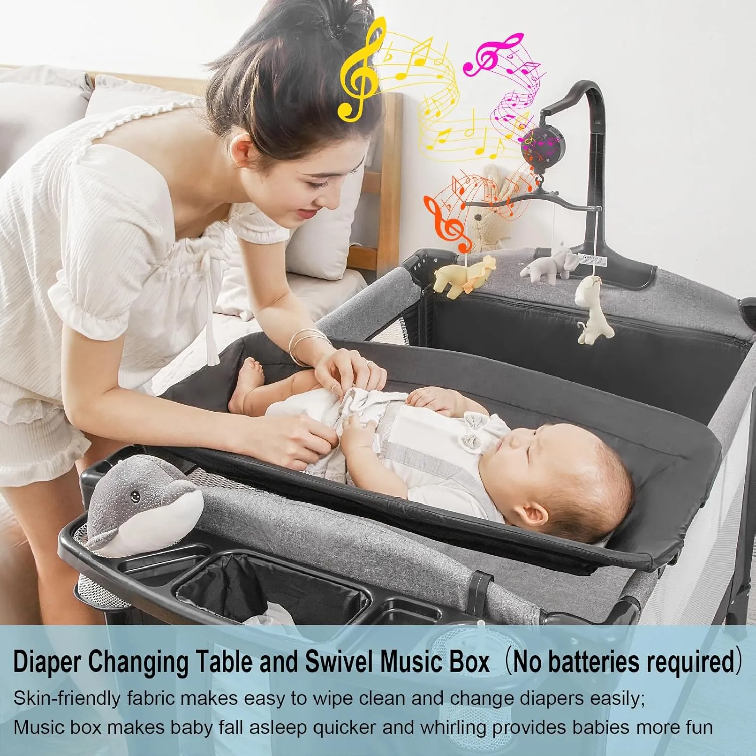 5-in-1 Pack and Play, Baby Bassinet Bedside Sleeper with U-Shaped Diaper Changer, Portable Toddler Playard for Newborn Toddlers, Baby Crib with 4 Adjustable Height, Carry Bag,Easy to Install (Black)