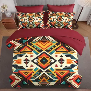 7 Pcs Comforter Set King Size, Tribal Vintage Aztec Bed in a Bag with Flat Sheet and Fitted Sheet for Kids and Adults, Office Retro Green Bedding Set with Pillowcase & Sham