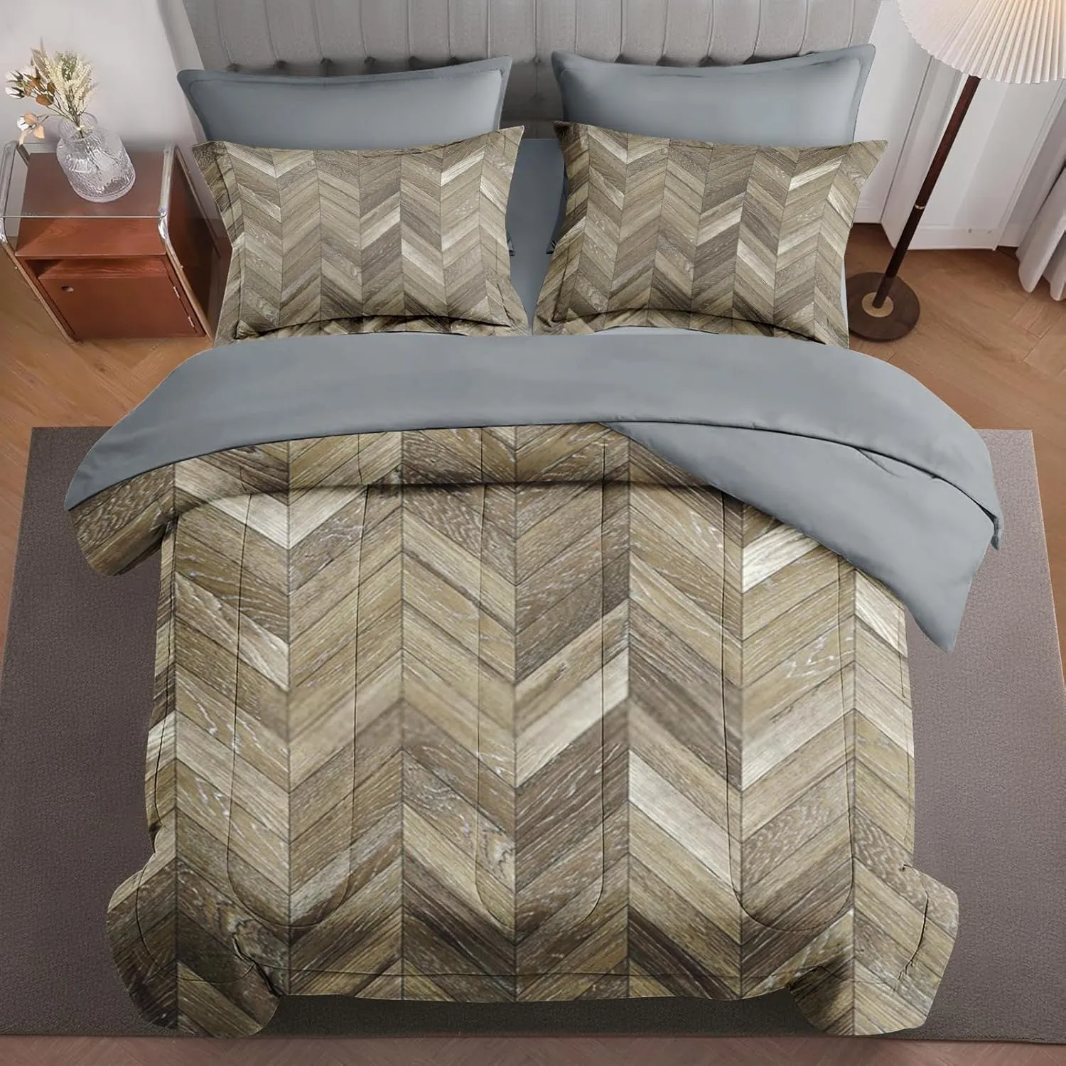 7 Pcs Comforter Set King Size, Wood Herringbone Natural Bed in a Bag with Flat and Fitted Sheet for Kids and Adults, Planks Classic Oak Bedding Set with 2 Pillowcases & 2 Shams