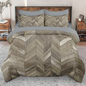 7 Pcs Comforter Set King Size, Wood Herringbone Natural Bed in a Bag with Flat and Fitted Sheet for Kids and Adults, Planks Classic Oak Bedding Set with 2 Pillowcases & 2 Shams