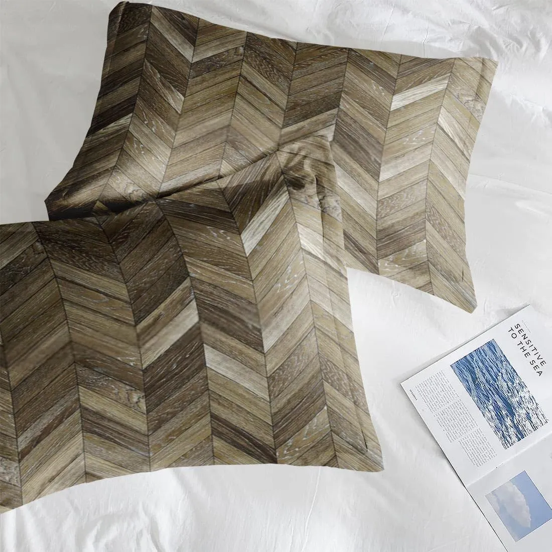 7 Pcs Comforter Set King Size, Wood Herringbone Natural Bed in a Bag with Flat and Fitted Sheet for Kids and Adults, Planks Classic Oak Bedding Set with 2 Pillowcases & 2 Shams