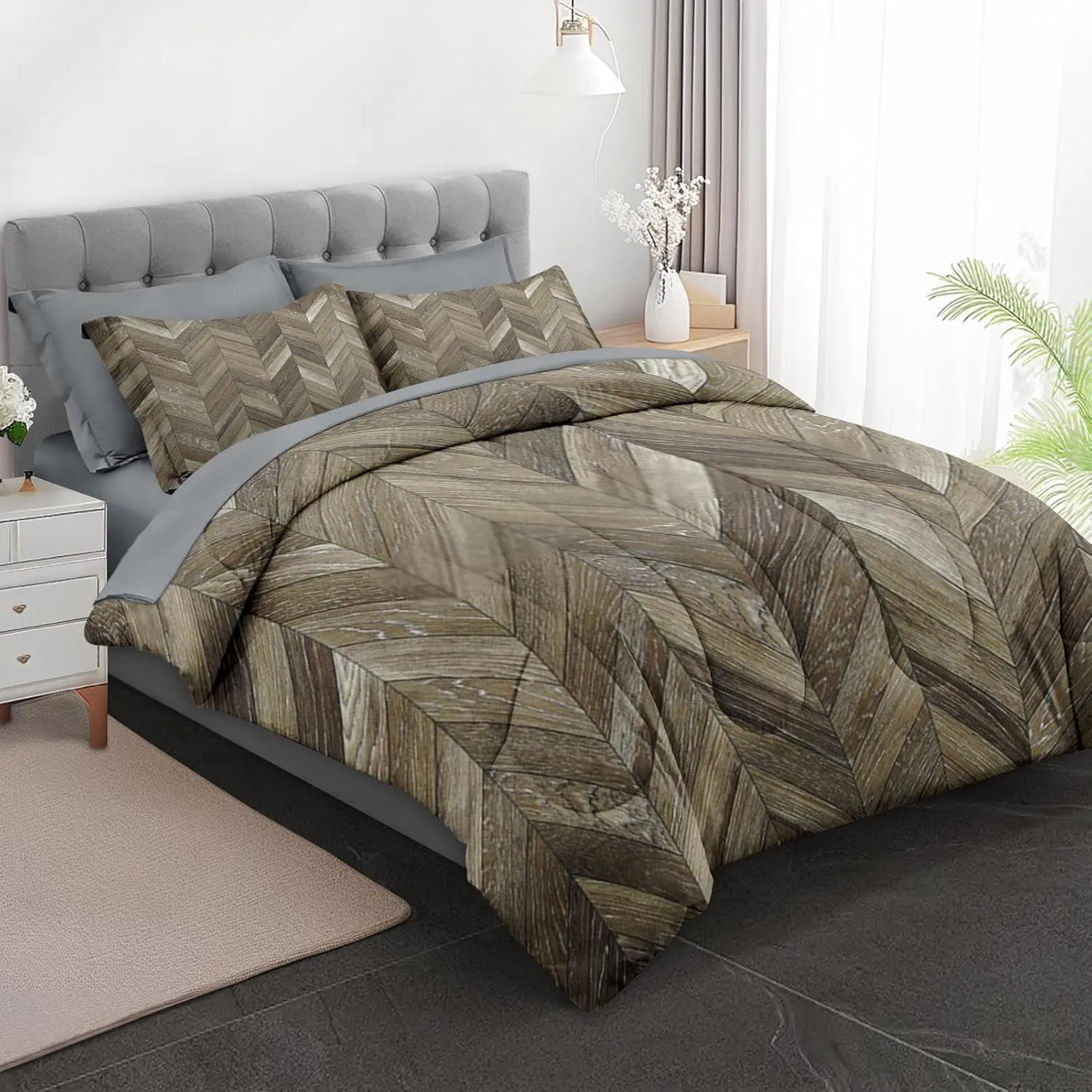 7 Pcs Comforter Set King Size, Wood Herringbone Natural Bed in a Bag with Flat and Fitted Sheet for Kids and Adults, Planks Classic Oak Bedding Set with 2 Pillowcases & 2 Shams