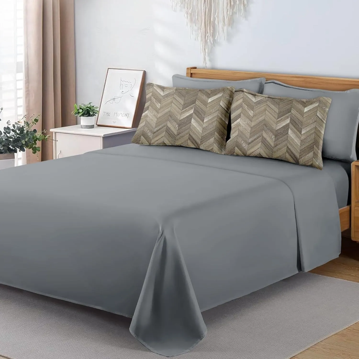 7 Pcs Comforter Set King Size, Wood Herringbone Natural Bed in a Bag with Flat and Fitted Sheet for Kids and Adults, Planks Classic Oak Bedding Set with 2 Pillowcases & 2 Shams