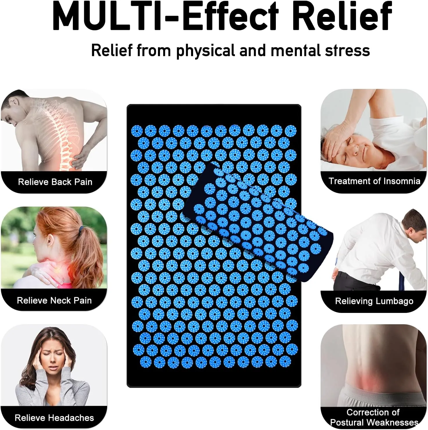 Acupressure Mat Set, Acupuncture Point Massage Pillow, Relieving Back and Neck Pain, Muscle Relaxation and Stress Reduction, Sciatica Relief, Suitable for Men and Women, Carry a Handbag, Bule Black