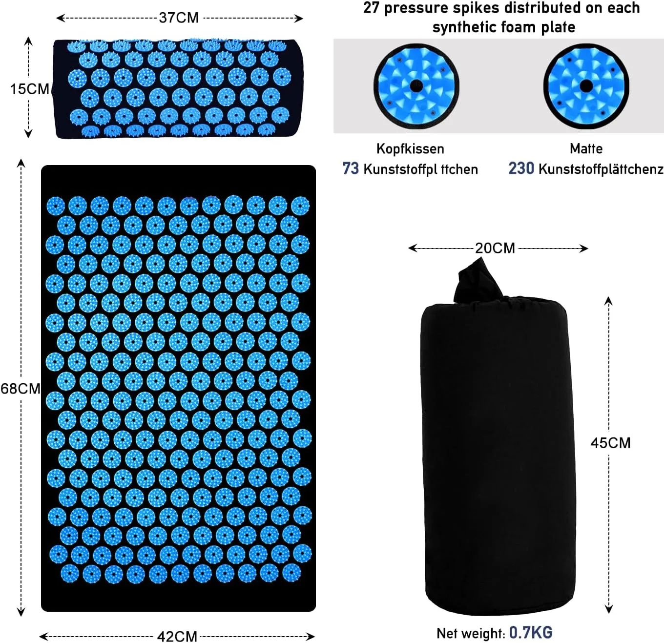 Acupressure Mat Set, Acupuncture Point Massage Pillow, Relieving Back and Neck Pain, Muscle Relaxation and Stress Reduction, Sciatica Relief, Suitable for Men and Women, Carry a Handbag, Bule Black