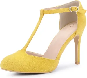 Allegra K Women's Rounded Toe Stiletto Heel T-Strap Dress Pumps