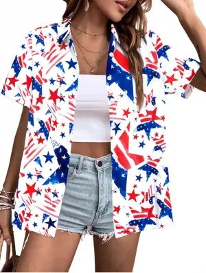 American Flag Shirt Patriotic T-Shirt: Women 4th of July Tops USA Red White Blue Tee Memorial Day Button Down Shirts