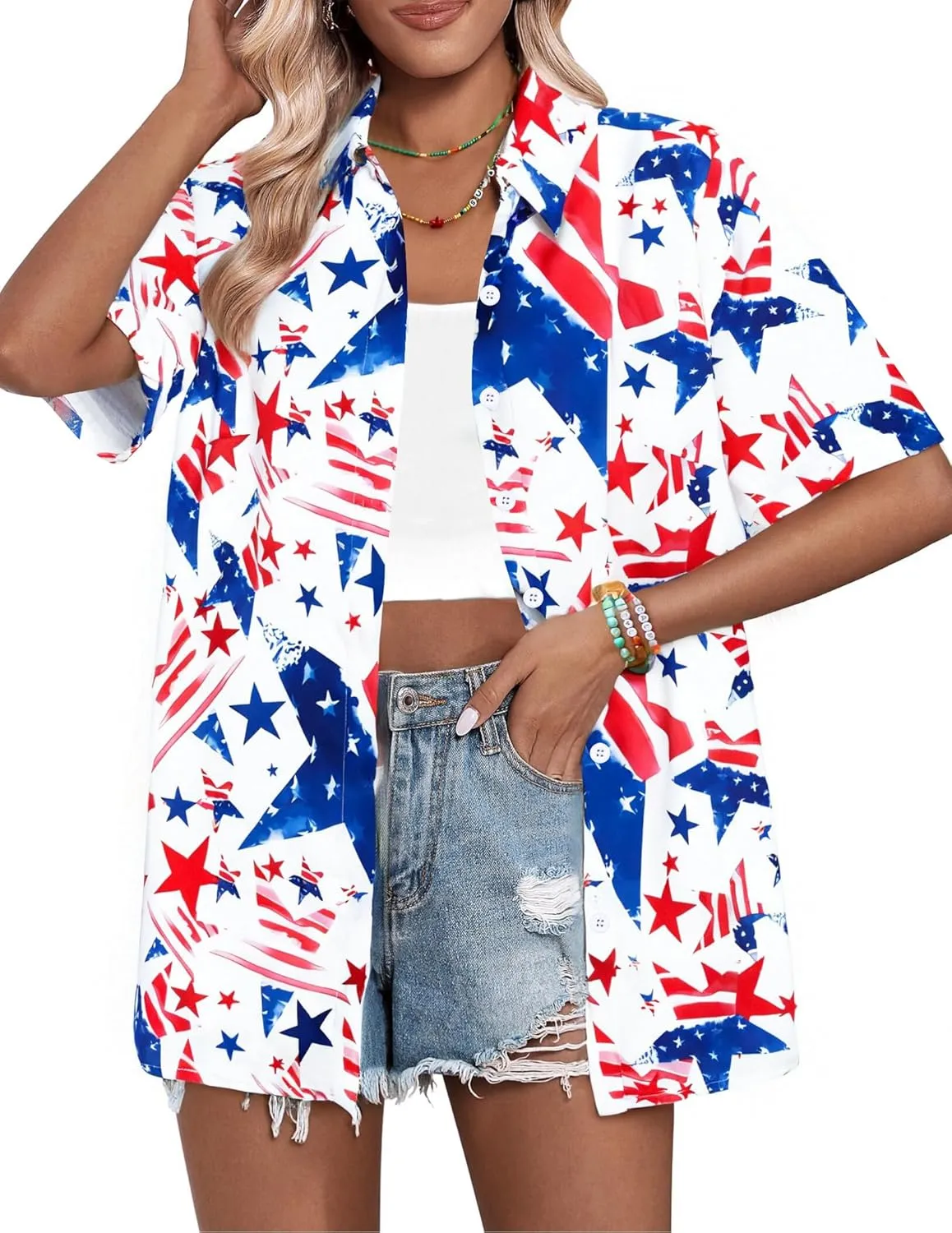 American Flag Shirt Patriotic T-Shirt: Women 4th of July Tops USA Red White Blue Tee Memorial Day Button Down Shirts