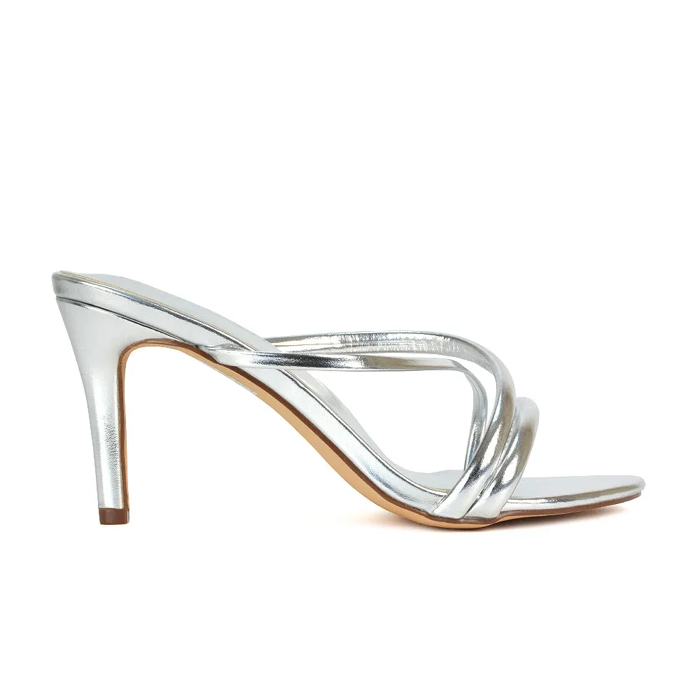 Angie Slip On Mid Heel Stiletto Mule Women's Heeled Sandals For Holiday in Apricot Patent