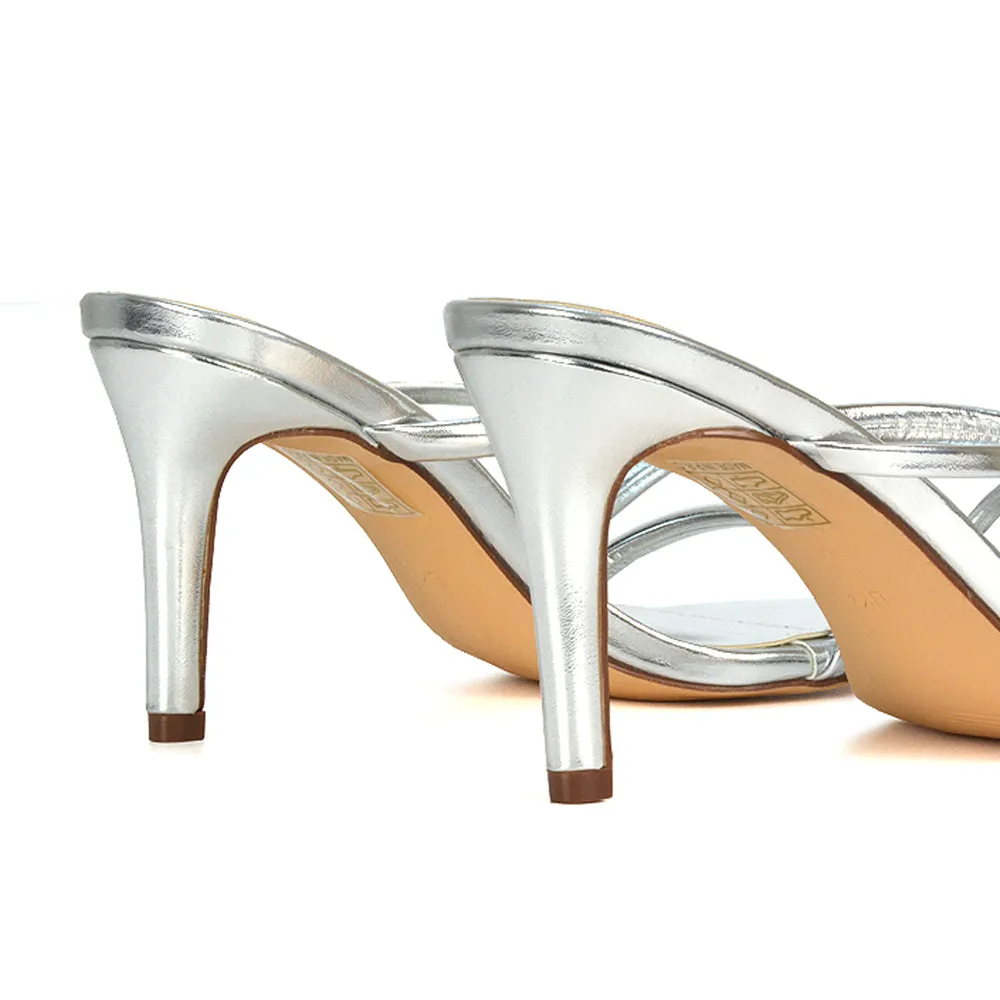 Angie Slip On Mid Heel Stiletto Mule Women's Heeled Sandals For Holiday in Apricot Patent