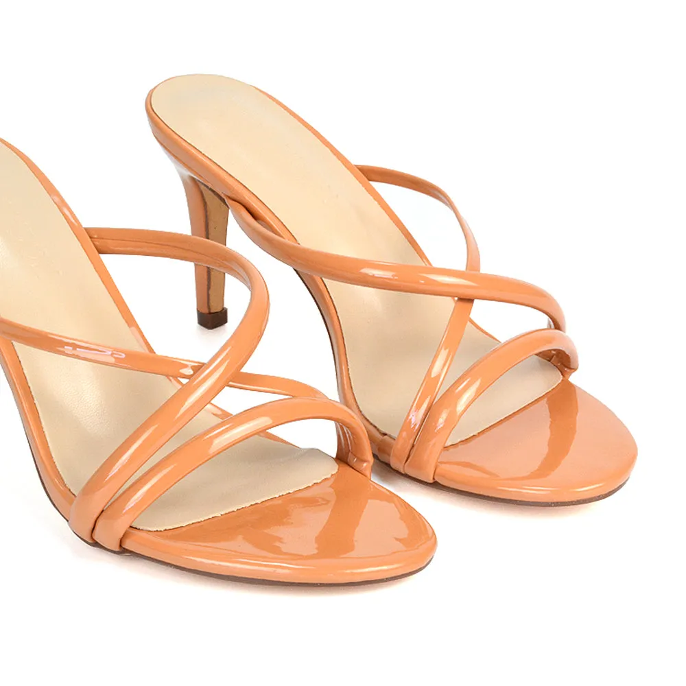 Angie Slip On Mid Heel Stiletto Mule Women's Heeled Sandals For Holiday in Apricot Patent