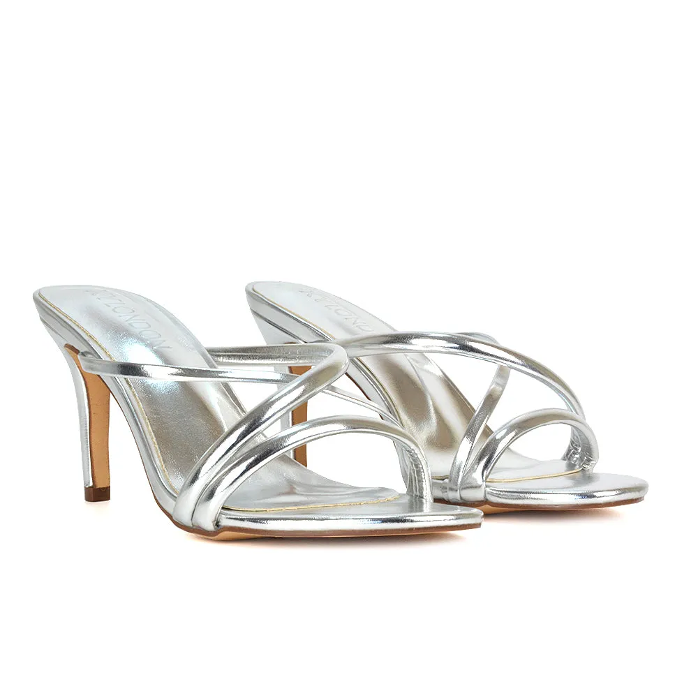 Angie Slip On Mid Heel Stiletto Mule Women's Heeled Sandals For Holiday in Apricot Patent