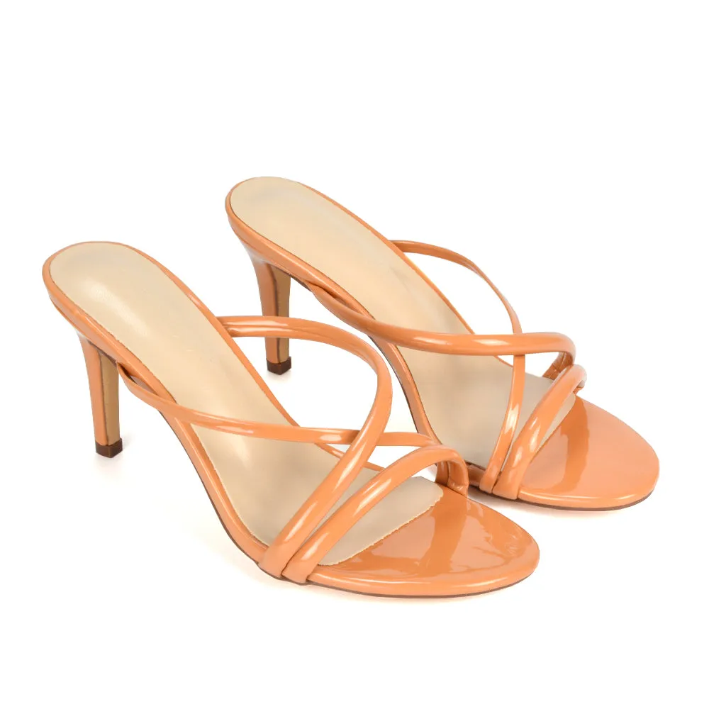 Angie Slip On Mid Heel Stiletto Mule Women's Heeled Sandals For Holiday in Apricot Patent