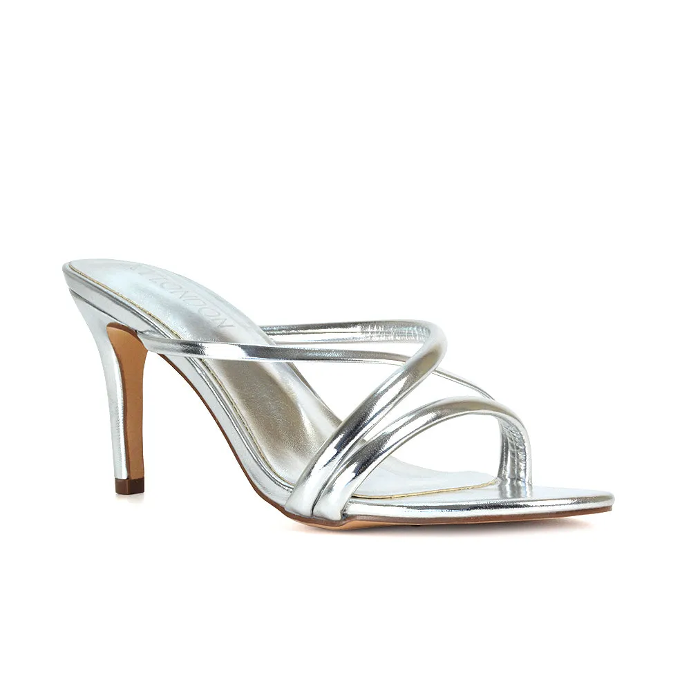 Angie Slip On Mid Heel Stiletto Mule Women's Heeled Sandals For Holiday in Apricot Patent