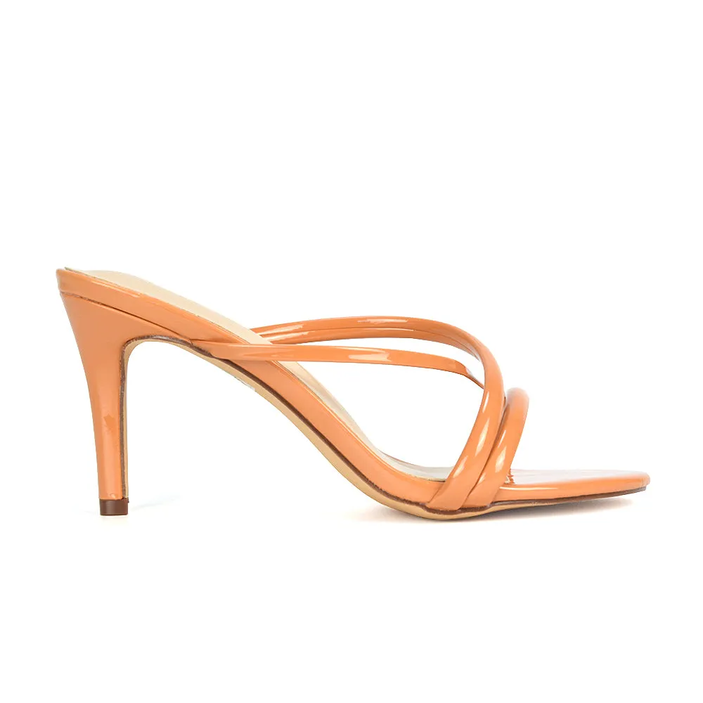 Angie Slip On Mid Heel Stiletto Mule Women's Heeled Sandals For Holiday in Apricot Patent