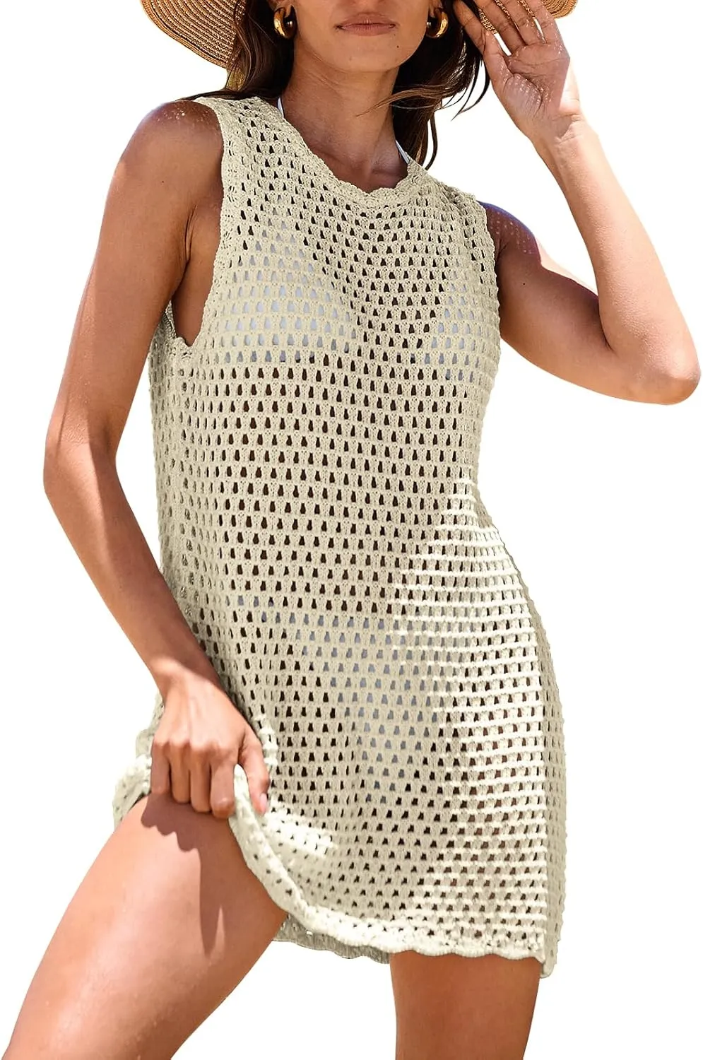 ANRABESS Womens Swimsuit Cover Up Sleeveless Knit 2025 Summer Outfits Swimwear Bathing Suit Coverup Crochet Beach Dress