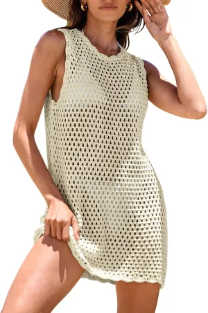 ANRABESS Womens Swimsuit Cover Up Sleeveless Knit 2025 Summer Outfits Swimwear Bathing Suit Coverup Crochet Beach Dress