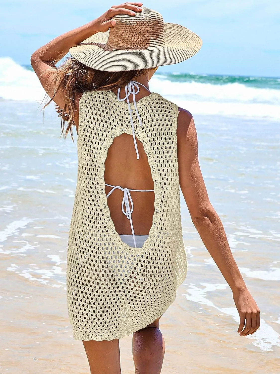 ANRABESS Womens Swimsuit Cover Up Sleeveless Knit 2025 Summer Outfits Swimwear Bathing Suit Coverup Crochet Beach Dress