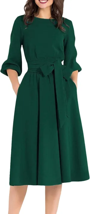 AOOKSMERY Women Elegance Audrey Hepburn Style Round Neck 3/4 Puff Sleeve Swing Midi Dress Long Belt Dresses with Pockets