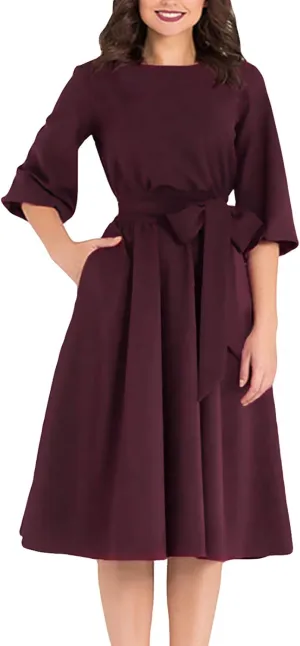 AOOKSMERY Women Elegance Audrey Hepburn Style Round Neck 3/4 Puff Sleeve Swing Midi Dress Long Belt Dresses with Pockets