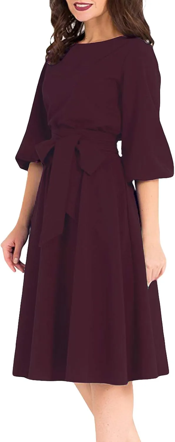 AOOKSMERY Women Elegance Audrey Hepburn Style Round Neck 3/4 Puff Sleeve Swing Midi Dress Long Belt Dresses with Pockets