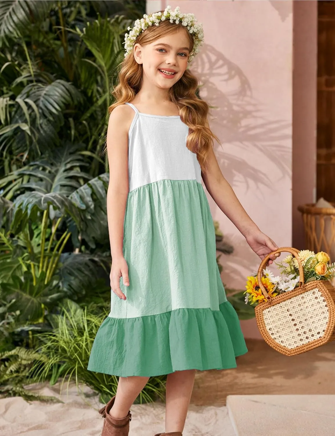 Arshiner Girl's Summer Sundress Spaghetti Strap Solid Linen Midi Dress Casual Cami Dresses