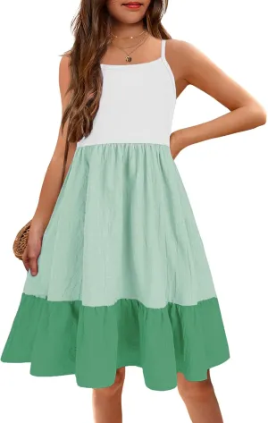 Arshiner Girl's Summer Sundress Spaghetti Strap Solid Linen Midi Dress Casual Cami Dresses