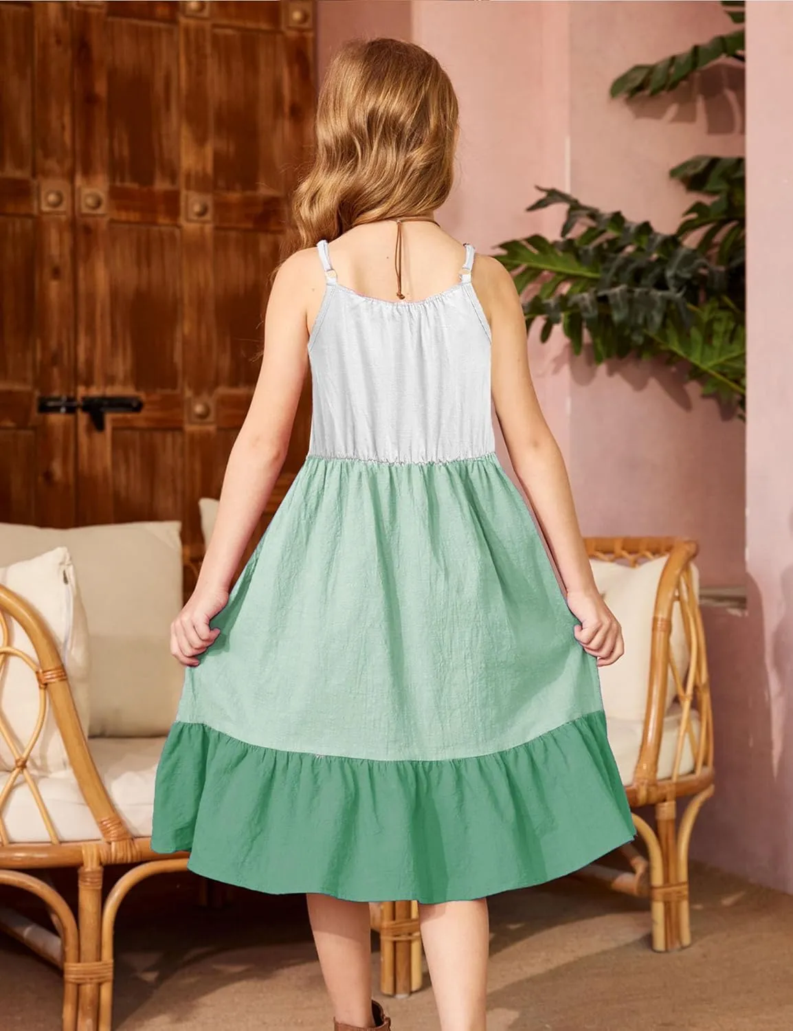 Arshiner Girl's Summer Sundress Spaghetti Strap Solid Linen Midi Dress Casual Cami Dresses