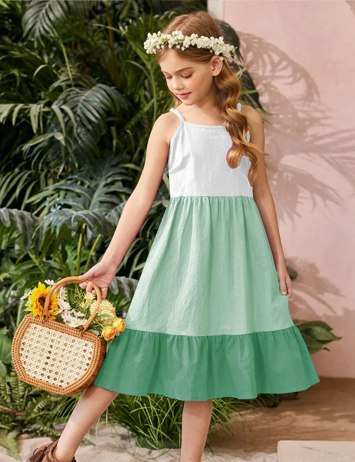 Arshiner Girl's Summer Sundress Spaghetti Strap Solid Linen Midi Dress Casual Cami Dresses