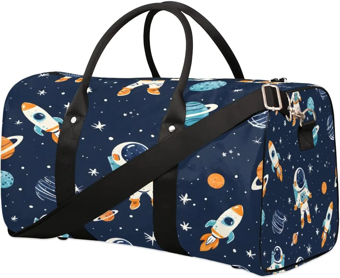 Astronauts Space Rockets Planets Stars Travel Duffel Bag for Women Men Foldable Sport Gym Tote Bag Lightweight Waterproof Weekender Overnight Bag for Weekend Holiday Gym Swim Yoga