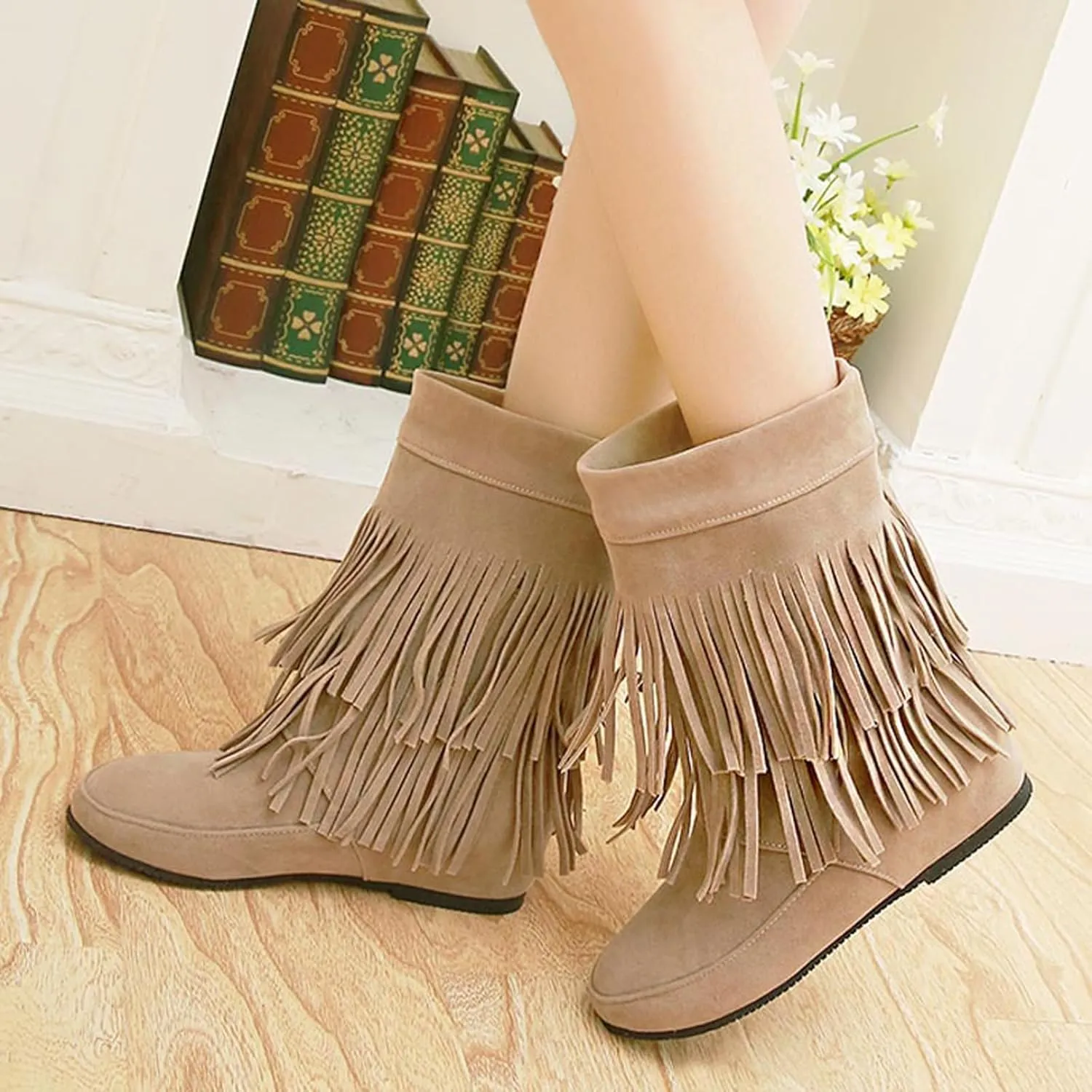 AUNTHUI Women'S Suede Double Tassel Toe Mid-Calf Flat Booties,Winter Warm Fashion Round Toe Faux Suede Slip On Height Increasing Shoes