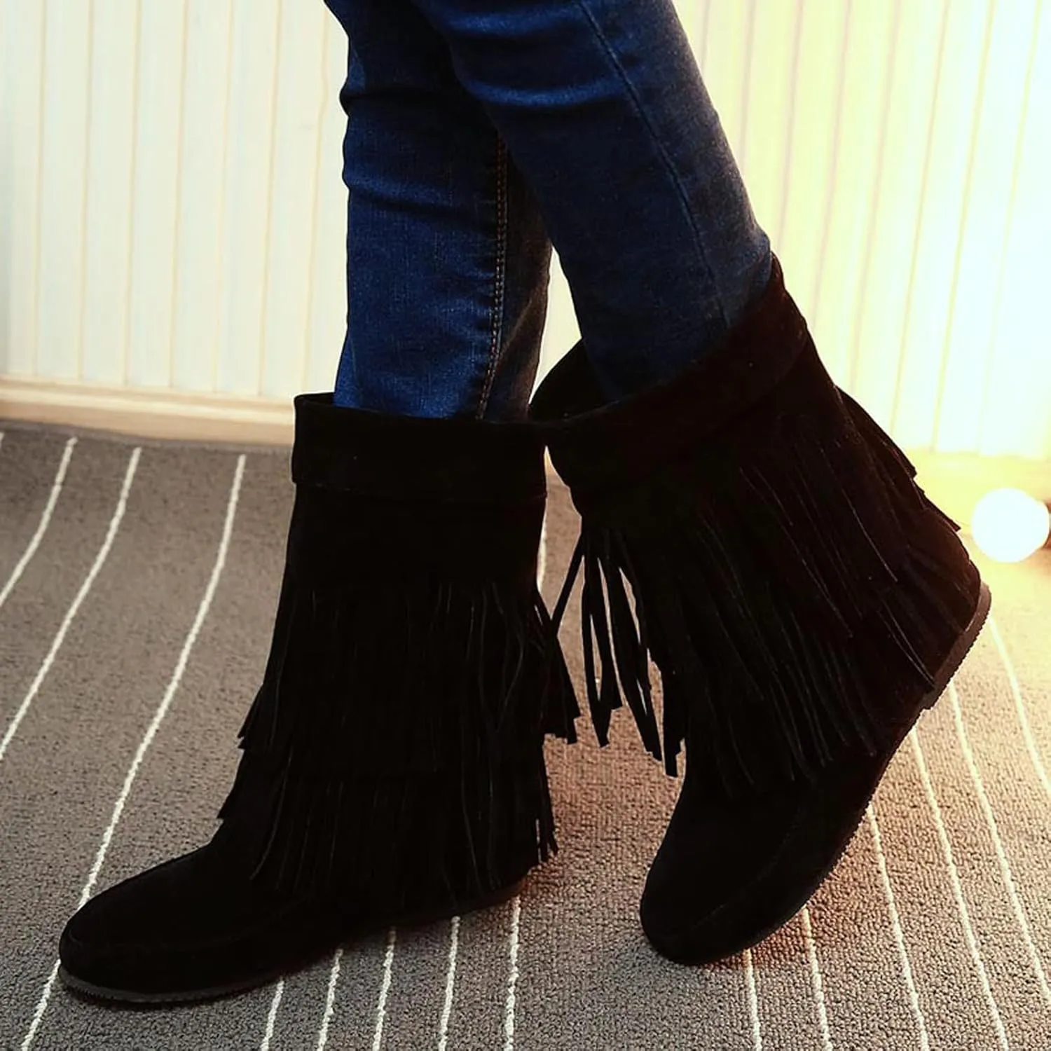 AUNTHUI Women'S Suede Double Tassel Toe Mid-Calf Flat Booties,Winter Warm Fashion Round Toe Faux Suede Slip On Height Increasing Shoes