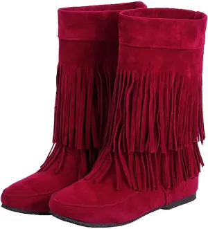 AUNTHUI Women'S Suede Double Tassel Toe Mid-Calf Flat Booties,Winter Warm Fashion Round Toe Faux Suede Slip On Height Increasing Shoes
