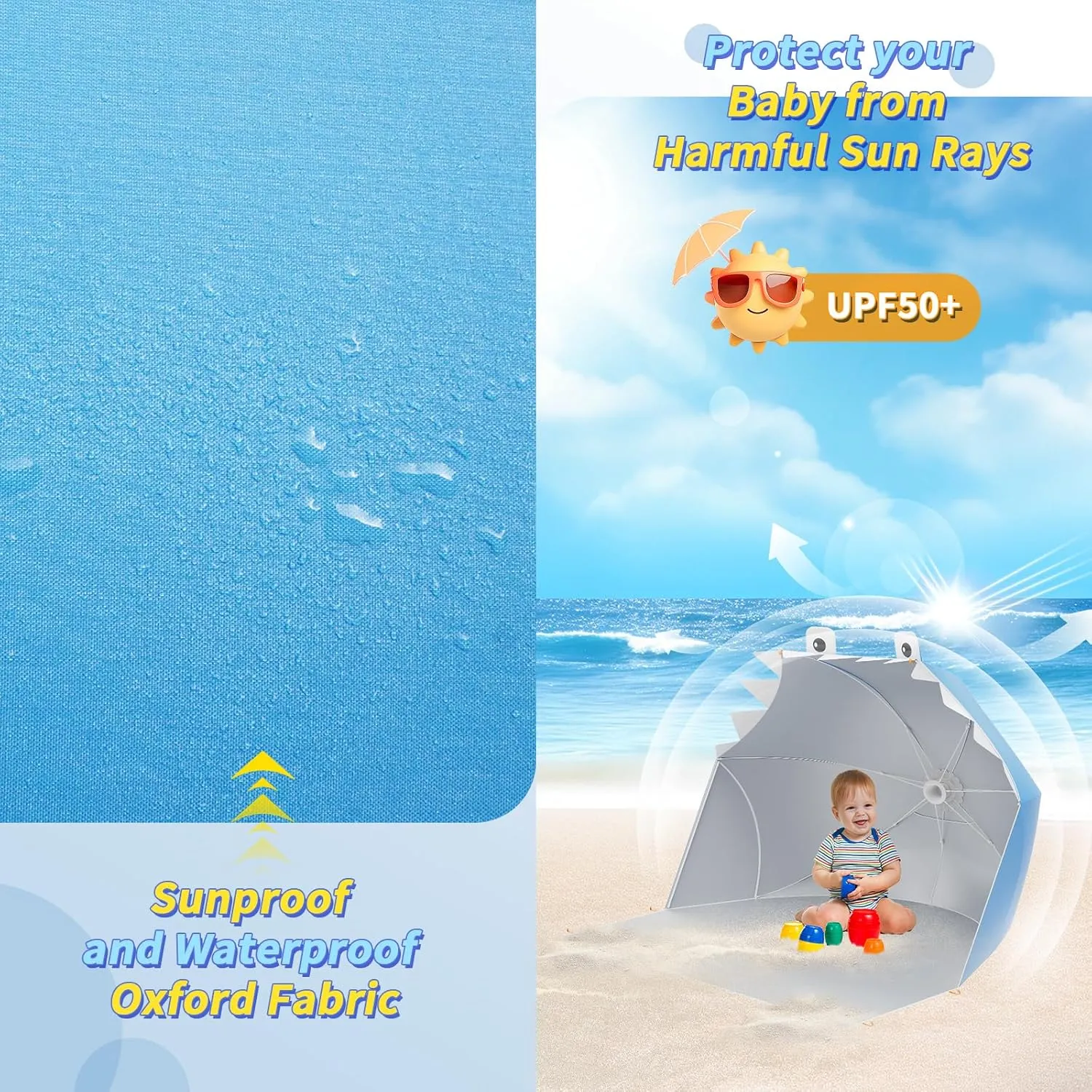 Baby Beach Tent, Pop Up Portable Sun Shade Tent, Lightweight Waterproof UV Protection Beach Sun Shelter with Storage Bag for Baby Beaches, Yard, Picnic, Garden(Shark-Blue)